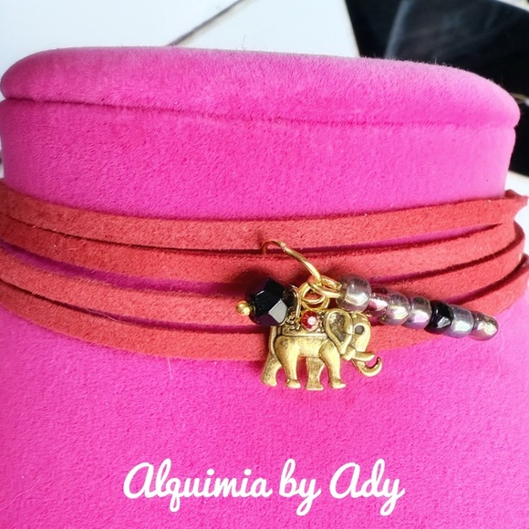 Red suede layered multi charms beaded necklace - Picture 1 of 1